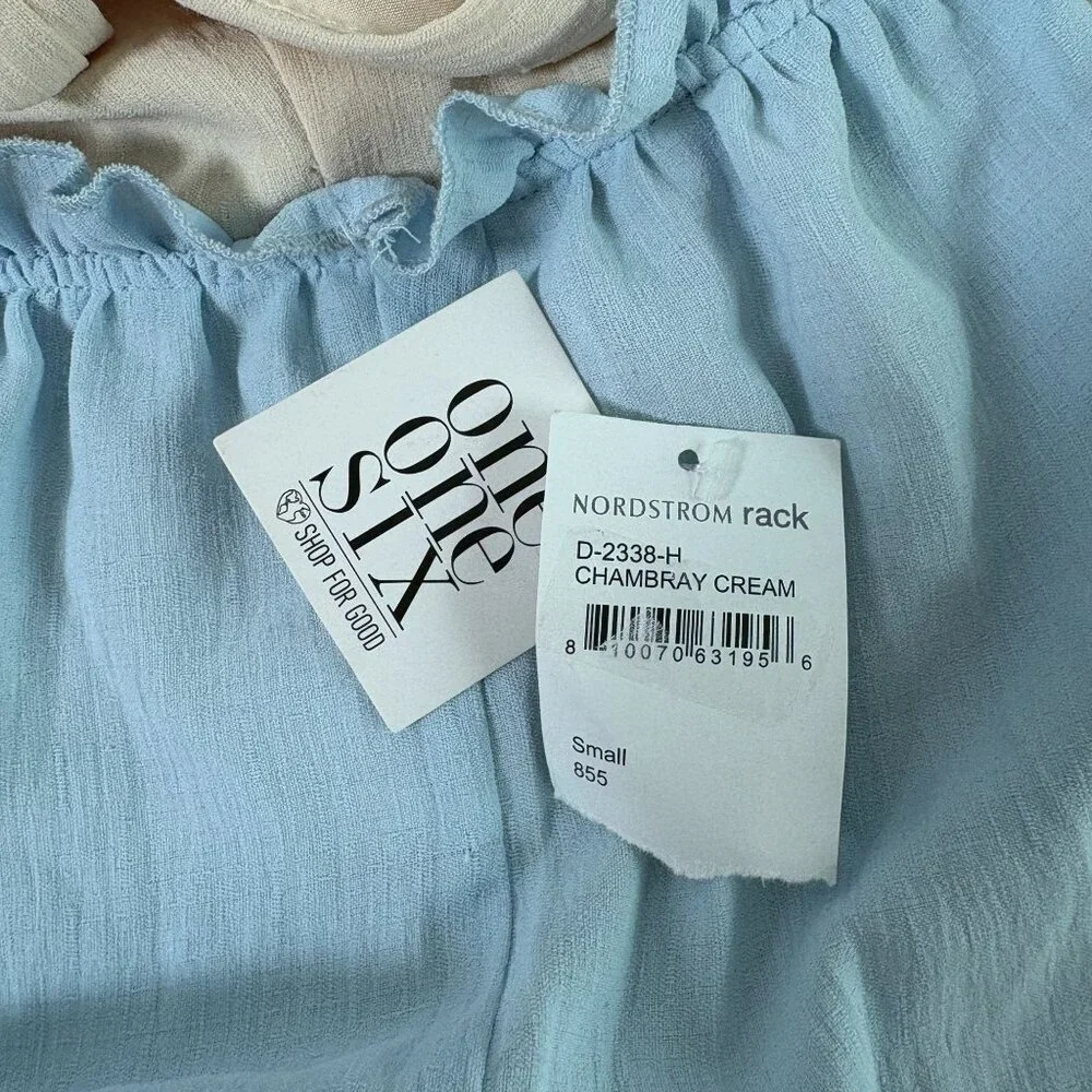 One One Six Dress Size S Blue Cream Tiered Open Back Tie Neck Boho Cottage - Picture 6 of 12